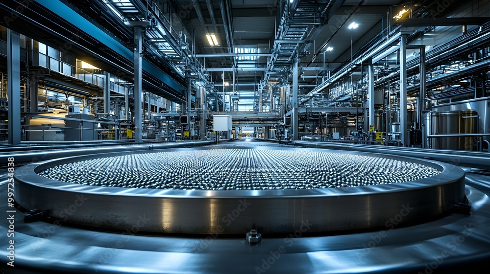 Food Processing Machine Inner Interior of a large food processing factory, focusing on a sleek ...
