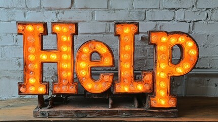 Brightly lit neon HELP sign against a rustic brick wall showcasing a vibrant and eye-catching plea for assistance or attention