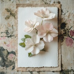 Canvas Print - Delicate pink flowers on an aged paper sheet.