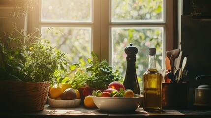 Wall Mural - Cozy Countryside Kitchen with Fresh Produce and Sunlight