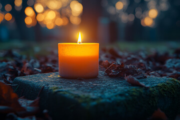 Canvas Print - A close-up of a single candle flickering in the evening light, placed on a gravestone in memory of a loved one.