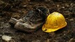 © Elmira - A pair of dirty construction boots and a yellow hard hat lie abandoned on the ground, surrounded by mud at a construction site. The setting indicates recent work activity