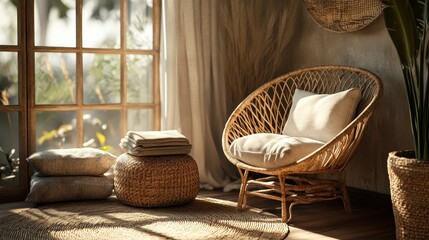 Wall Mural - Cozy Rustic Living Room with Woven Furniture and Warm Lighting