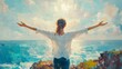 © Paul - A young woman wearing a white shirt, standing on a cliff overlooking the ocean, arms outstretched to the wind, symbolizing freedom and openness, pastel color palette, impressionistic style.