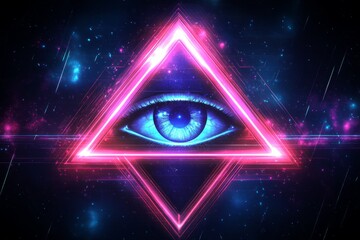 Wall Mural - Abstract glowing eye inside a triangle representing data privacy AI surveillance and cybersecurity protection in a futuristic landscape