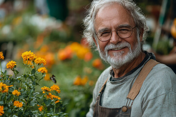 Canvas Print - An elderly man smiling warmly while gardening in his backyard, reflecting contentment and connection with nature.