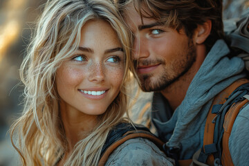 Canvas Print - A young couple smiling at each other while on a scenic hike, illustrating adventure and mutual enjoyment.