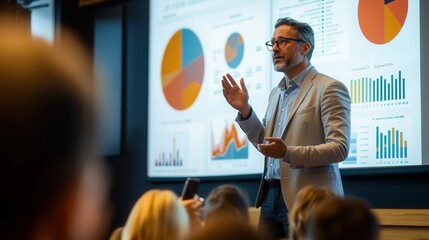 Aufkleber - An expert engaging the audience with a detailed presentation on data trends, highlighting important findings on a large screen. Generative AI