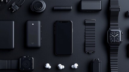 Flat lay of black tech gadgets on a black background.