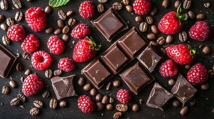 Sticker - Flat lay of chocolate, coffee beans and raspberries.