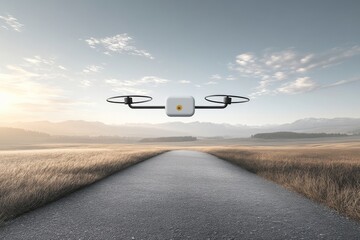 Canvas Print - Drone flying along an empty road at sunset symbolizing the future of autonomous aerial logistics and its role in modern transportation systems for package delivery