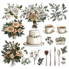 Sticker - Floral arrangements, a cake, and tableware for a celebration theme.