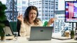 © DC Studio - General director woman having fun listening to songs and dancing in her own office, enjoying executive power in a corporation. Confident happy CEO singing and working. Camera A.