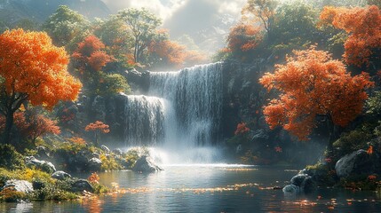 Poster - Autumn Waterfall Landscape - Tranquil Forest Scene