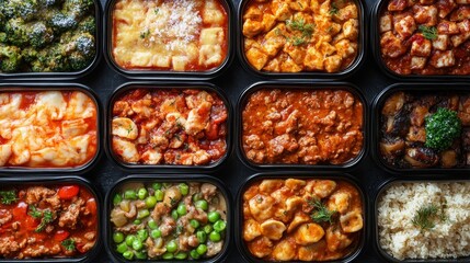 Frozen ready meals with a variety of frost-covered dishes like lasagna, curry, and stir-fries, viewed from above in an organized layout