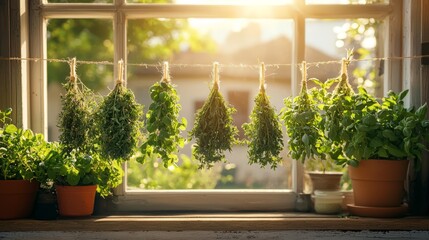 Canvas Print - Fresh herbs drying in the sun by a window, with pots of herbs on the windowsill.