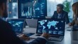 © acoustIcara - Business leaders in a virtual meeting discussing global expansion plans, focus on laptop screens with charts and maps, clean office setting.