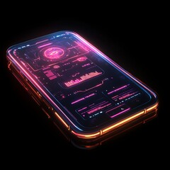 Sticker - Futuristic neon glowing smartphone with data interface on a black background.