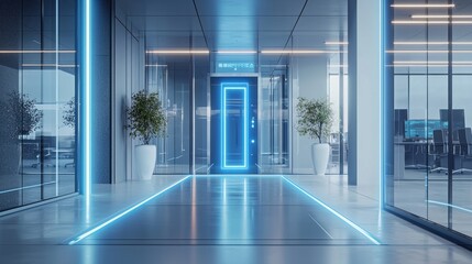 Sticker - Futuristic office corridor with glowing elements and modern design.