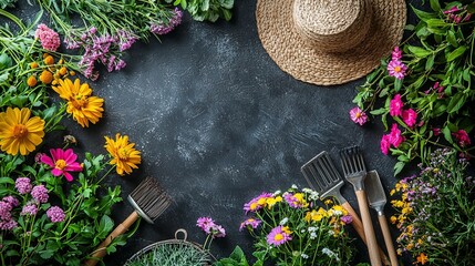 Wall Mural - Gardening tools and flowers arranged in a circle on a black background, creating a frame.