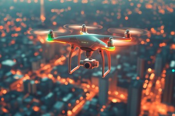 Canvas Print - Drone flying over a brightly lit urban landscape at night symbolizing UAV technologys role in nighttime logistics and secure package delivery systems