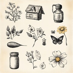 Canvas Print - Hand drawn illustrations of flowers, leaves, butterflies, a cottage, and jars.