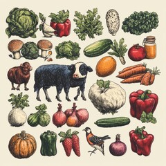 Poster - Hand drawn vintage style illustration of farm animals, vegetables, and fruits.