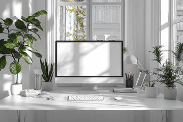 Wall Mural - a minimalist desk with just a sleek monitor and a clean, white surface, emphasizing the streamlined 