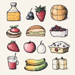 Poster - Hand-drawn illustrations of various food items, including fruits, bread, pastries, and drinks.