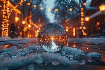 Sticker - Crystal Ball Reflecting Christmas Lights in Snow