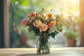 Aufkleber - A colorful bouquet of roses, daisies, and carnations fills a glass vase on a light wooden table, brightened by warm sunlight. Generative AI