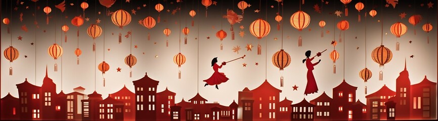 Wall Mural - Paper Cutout Vector Japan Coming of Age Day where participants are surrounded by floating lanterns that slowly ascend into the sky each one illustrated as delicate paper cutouts with intricate designs