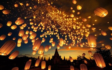 Hundreds of glowing sky lanterns ascend into the night sky, illuminating the temple silhouette against a twilight backdrop.