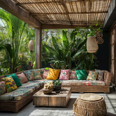 Wall Mural - tropical garden with palm trees U-chair fashioned with cushions and a bamboo ceiling