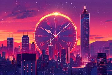 Wall Mural - Retro Futurism Vector Japan New Year's Eve where the city skyline is transformed into a glowing clock with the hands slowly moving across buildings ticking down to midnight