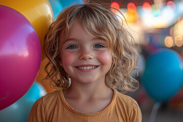 Sticker - A child beaming with excitement while holding a colorful balloon at a fair, showcasing pure, unfiltered happiness.