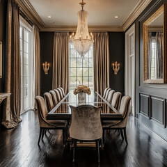 Wall Mural - interior of a luxury home dining room table  with a center chandelier and ceiling-high windows and doors  