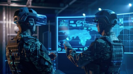 Two soldiers are looking at a computer screen with a map of the world