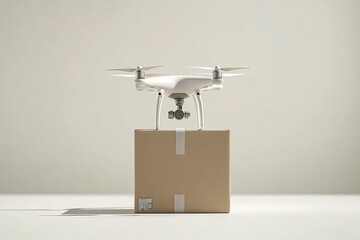 Wall Mural - White drone hovering over a cardboard box in a clean studio symbolizing UAV technology’s role in secure modern logistics and fast delivery systems