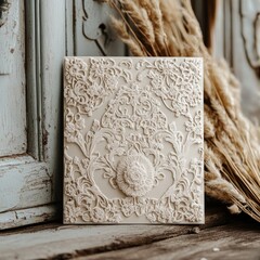 Sticker - Intricate floral design embossed on a square tile.