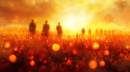 Wall Mural - Soft Focus Illustration Japanese Coming of Age Day where participants walk through a field of glowing grass the soft light illuminating their journey symbolizing the path they will create in life