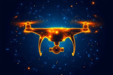 Canvas Print - Glowing orange drone flying through a dark starry background symbolizing UAV technology’s integration in high speed logistics and nighttime package deliveries