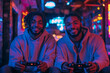 © Sebastian - Two friends playing video games together, immersed in competition and laughter. Concept of fun.