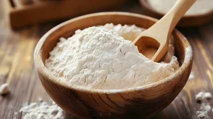 White flour in a wooden bowl with a wooden spoon.
