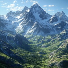 Canvas Print - Majestic snow-capped mountain range with green valley and blue sky.