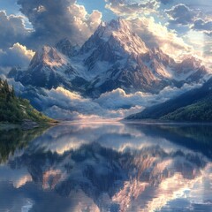 Poster - Majestic snow-capped mountain reflected in a serene lake at dawn.