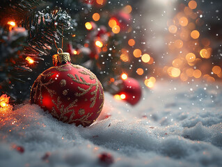 Christmas toys on a background of illuminated Christmas tree and snow