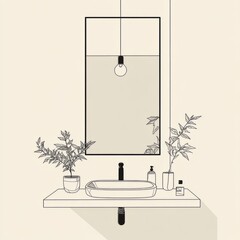 Wall Mural - Minimalist bathroom interior with a sink, mirror, plants, and a lightbulb.