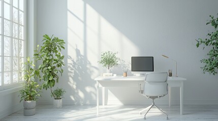 Sticker - Minimalist home office with white desk, chair, and plants, bathed in sunlight.