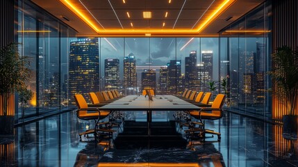 Poster - Modern conference room with cityscape view.